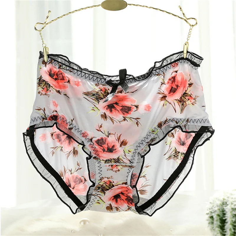 2023 New Cute Intimates Soft Smooth Girls Underwears Ruffle Bow Flower Print Plus Size Sexy Lingeries Women's Panties